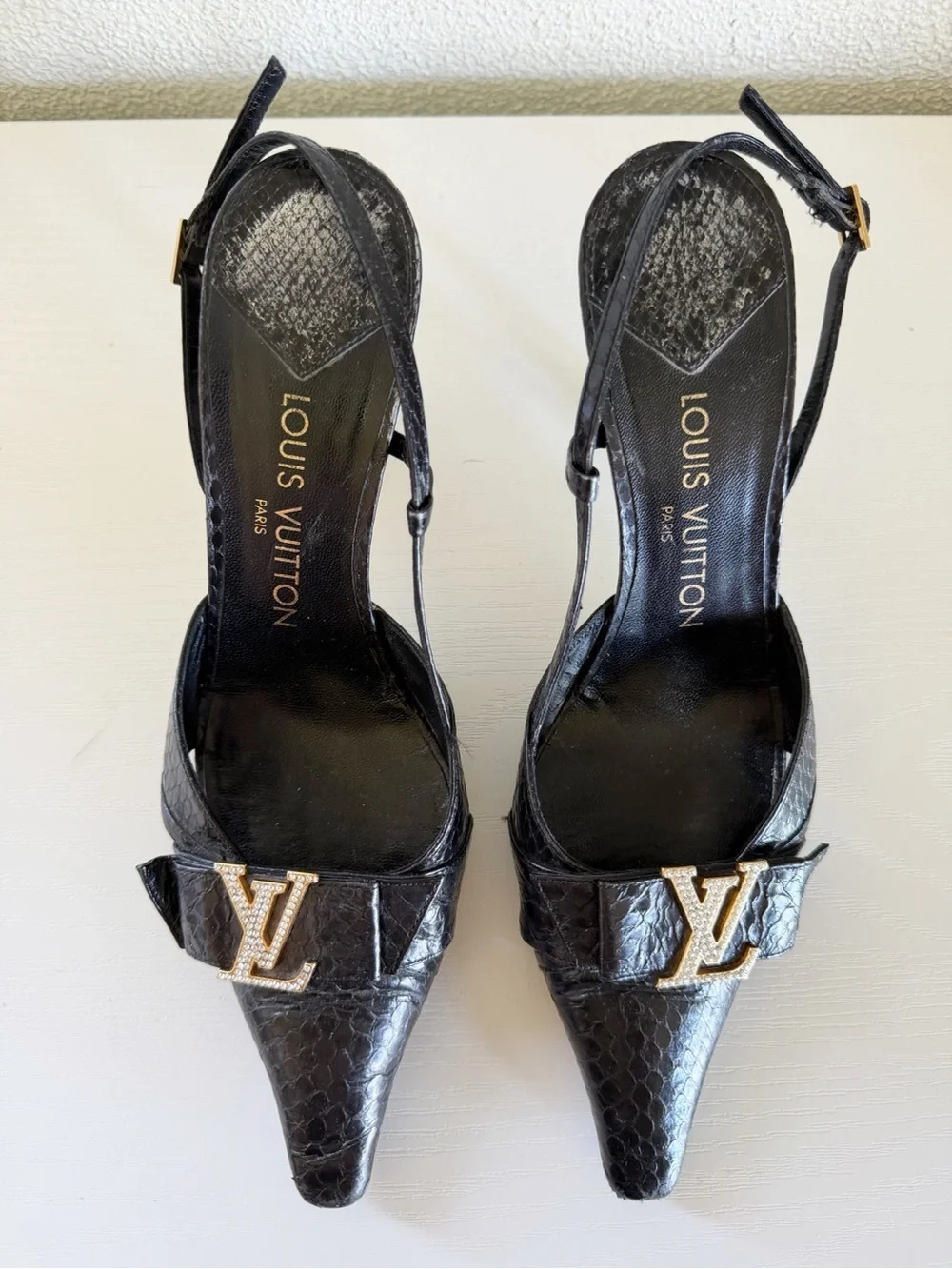 Louis Vuitton Slingback Pumps Black Snakeskin Crystal LV EU 37.5 US 7-7.5
